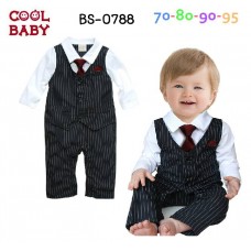 BS0788  ชุดบอดี้สูทเด็กผู้ชายออกงาน แขนยาว ติดเนคไทสีแดงเลือดหมู ลายทางสีดำ (2ชิ้น) 