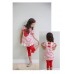 GI0709 ชุดเด็กผู้หญิง เสื้อคอกลม หน้ามินนี่เมาส์ ติดโบว์ ลายขวางสีแดง + เล็คกิ้งขา 3 ส่วน ติดโบว์ สีแดง (2ชิ้น) S.100/110