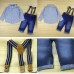 BO0194F เสื้อเชิ๊ตแขนยาวคอปกลายทาง+กางเกงยีนส์+สายเอี๊ยม S.90 (3ชิ้น)