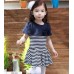 GI0620 เดรสเด็กผู้หญิง คอกลม แต่งผ้ารอบคอ ติดดอกไม้ ลายขวางสีขาวสลับกรมท่า S.120/130