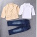 BO0191 ชุดเด็กผู้ชาย เสื้อคอปก แขนยาว สีขาว+ เสื้อคลุม/เสื้อสูท แขนยาว สีกากี + กางเกงยีนส์ (3ชิ้น)
