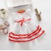 GI1112 เดรสสั้นเด็กผู้หญิงออกงานแขนระบายสีขาว แต่งขอบริบบิ้นสีแดง S.90/100