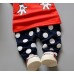 BO0329 ชุดเด็กผู้ชาย เสื้อคอกลมแขนสั้นสีแดง สกรีนหูกระต่ายและสายเอี๊ยม + กางเกงลายจุดสีกรมท่า (2ชิ้น) 