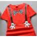 BO0329 ชุดเด็กผู้ชาย เสื้อคอกลมแขนสั้นสีแดง สกรีนหูกระต่ายและสายเอี๊ยม + กางเกงลายจุดสีกรมท่า (2ชิ้น) 