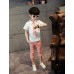 BO0324 ชุดเด็กผู้ชายออกงาน เสื้อคอปกแขนสั้นสีขาว ติดเนคไทด์ + กางเกงสีโอรส (3ชิ้น) S.140
