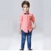 BO0239 ชุดเด็กผู้ชายออกงาน เสื้อเชิ๊ตแขนยาวลายทางสีส้ม หูกระต่ายจุดน้ำเงิน กางเกงยีนส์ขายาว (3ชิ้น) S.80
