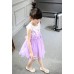 GI1152 ชุดเดรสเด็กผู้หญิงใส่ออกงานแขนสั้น แต่งลูกไม้คอบัวติดไข่มุก สีขาวม่วง S.100/110