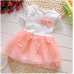 GI0825 ชุดเดรสสั้นเด็กผู้หญิงออกงาน ชุดราตรีเด็กเล็ก แขนสั้นแต่งลูกไม้สีขาว กระโปรงสีชมพู S.80