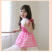 GI0616 เดรสเด็กผู้หญิง แขนระบาย แต่งดอกไม้ที่อก สีขาว กระโปรงลายขวางผ้าแก้ว สีชมพู S.100/120