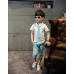 BO0325 ชุดเด็กผู้ชายออกงาน เสื้อคอปกแขนสั้นสีขาว ติดเนคไทด์ + กางเกงสีฟ้า (3ชิ้น)