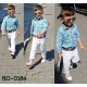 BO0184 ชุดเด็กผู้ชาย เสื้อเชิ๊ตคอปก แขนยาว ลายตารางสีฟ้าขาว + กางเกงขายาวสีขาว + เข็มขัด (3ชิ้น)