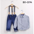 BO0194F เสื้อเชิ๊ตแขนยาวคอปกลายทาง+กางเกงยีนส์+สายเอี๊ยม S.90 (3ชิ้น)