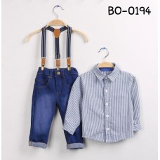 BO0194F เสื้อเชิ๊ตแขนยาวคอปกลายทาง+กางเกงยีนส์+สายเอี๊ยม S.90 (3ชิ้น)