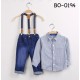 BO0194F เสื้อเชิ๊ตแขนยาวคอปกลายทาง+กางเกงยีนส์+สายเอี๊ยม S.90 (3ชิ้น)