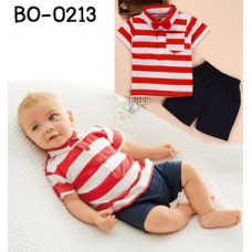 BO0213 ชุดเด็กผู้ชาย ออกงาน คอปก แขนสั้น แต่งกระเป๋าที่อก ลายขวางสีขาวสลับแดง + กางเกงขาสั้นสีดำ (2ชิ้น) ไม่มีหูกระต่าย S.120