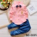 BO0239 ชุดเด็กผู้ชายออกงาน เสื้อเชิ๊ตแขนยาวลายทางสีส้ม หูกระต่ายจุดน้ำเงิน กางเกงยีนส์ขายาว (3ชิ้น) S.80