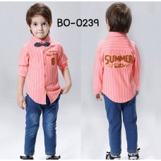 BO0239 ชุดเด็กผู้ชายออกงาน เสื้อเชิ๊ตแขนยาวลายทางสีส้ม หูกระต่ายจุดน้ำเงิน กางเกงยีนส์ขายาว (3ชิ้น) S.80