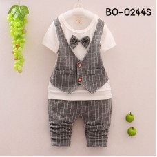 BO0244S ชุดเด็กผู้ชายออกงาน คอกลมแขนสั้น กั๊กและหูกระต่ายเย็บติด ลายตารางสีเทา (2ชิ้น) S.90