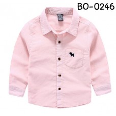 BO0246 เสื้อเชิ๊ตเด็กผู้ชายออกงาน คอปกแขนยาว ปักลายสุนัขที่กระเป๋าเสื้อ สีชมพู