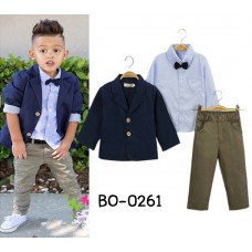 BO0261 ชุดสูทเด็กผู้ชาย เสื้อเชิ๊ตลายทางสีฟ้า + หูกระต่าย + เสื้อคลุม/เสื้อสูท สีกรมท่า + กางเกงสีเขียว (4ชิ้น)