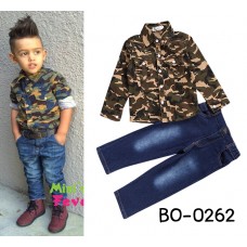 BO0262 ชุดเด็กผู้ชายเสื้อเชิ๊ตคอปกแขนยาว ลายทหารพรางโทนสีเขียว + กางเกงยีนส์ขายาว (2ชิ้น)