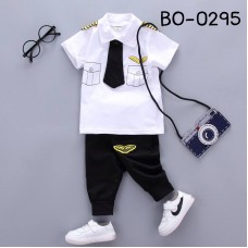 BO0295 ชุดนักบินเด็กผู้ชาย เสื้อสีขาว และกางเกงสีดำ (3 ชิ้น) 