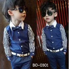 BO0301 เสื้อเชิ๊ตเด็กผู้ชายออกงาน คอปกสีขาวแขนยาวลายทาง สีขาวสลับน้ำเงิน