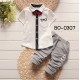 BO0307 ชุดเด็กผู้ชายออกงาน เสื้อเชิ๊ตแขนสั้นสีขาวนวล หูกระต่ายแดง กางเกงขายาวสีเทา (3ชิ้น)