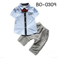 BO0309 ชุดเด็กผู้ชายออกงาน เสื้อเชิ๊ตแขนสั้นสีฟ้า หูกระต่ายแดง กางเกงขายาวสีเทา (3ชิ้น)