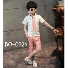 BO0324 ชุดเด็กผู้ชายออกงาน เสื้อคอปกแขนสั้นสีขาว ติดเนคไทด์ + กางเกงสีโอรส (3ชิ้น) S.140