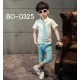 BO0325 ชุดเด็กผู้ชายออกงาน เสื้อคอปกแขนสั้นสีขาว ติดเนคไทด์ + กางเกงสีฟ้า (3ชิ้น)