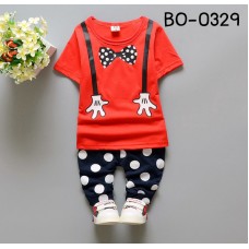 BO0329 ชุดเด็กผู้ชาย เสื้อคอกลมแขนสั้นสีแดง สกรีนหูกระต่ายและสายเอี๊ยม + กางเกงลายจุดสีกรมท่า (2ชิ้น) S.110