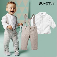 BO0357 ชุดเอี๊ยมเด็กผู้ชาย เสื้อแขนยาวสีขาว + สายเอี๊ยม + กางเกงสีกากี (3ชิ้น)