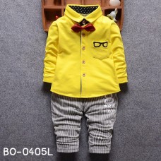 BO0405L ชุดเด็กผู้ชายออกงาน เสื้อเชิ๊ตแขนยาวสีเหลือง หูกระต่ายแดง กางเกงขายาวสีเทา (3ชิ้น)