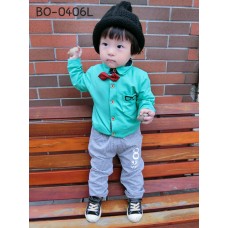 BO0406L ชุดเด็กผู้ชายออกงาน เสื้อเชิ๊ตแขนยาวสีเขียว หูกระต่ายแดง กางเกงขายาวสีเทา (3ชิ้น) 