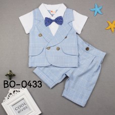BO0433 ชุดเด็กผู้ชายออกงานแขนสั้น ติดหูกระต่ายสีน้ำเงินลายจุด + กางเกงขาสั้น สีฟ้า (2ชิ้น)