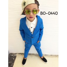 BO0440 ชุดเด็กผู้ชายออกงาน เสื้อสูทแขนยาว และกางเกงขายาว สีน้ำเงิน (2ชิ้น)