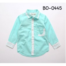 BO0445 เสื้อเชิ๊ตเด็กผู้ชายออกงาน คอปกแขนยาวสีฟ้าอมเขียว เล่นขอบสีขาว S.90