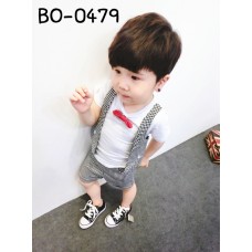 BO0479 ชุดเด็กผู้ชายเสื้อคอกลมสีขาวแขนสั้น กั๊กเย็บติด พร้อมหูกระต่ายสีแดง + กางเกงขาสั้นสีขาวดำ (3ชิ้น) S.100