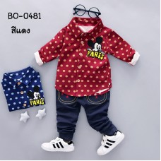 BO0481 ชุดเด็กผู้ชาย เสื้อเชิ๊ตแขนยาวลายจุดสีแดง ปักมิกกี้เมาส์ และกางเกงยีนส์ (2ชิ้น) S.80