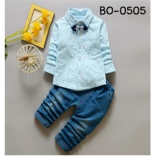 BO0505 ชุดเด็กผู้ชายออกงาน เสื้อเชิ๊ตแขนยาวลายจุดสีฟ้า หูกระต่ายสีขาวกรมท่า กางเกงยีนส์ขายาว (3ชิ้น) S.80