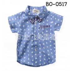 BO0517 เสื้อเชิ๊ตเด็กผู้ชายออกงาน แขนสั้นผ้ายีนส์ลายจุด ติดหูกระต่ายลายสก๊อต S.130