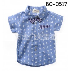 BO0517 เสื้อเชิ๊ตเด็กผู้ชายออกงาน แขนสั้นผ้ายีนส์ลายจุด ติดหูกระต่ายลายสก๊อต