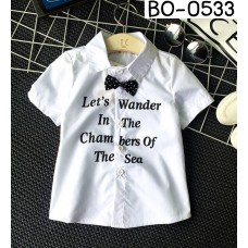 BO0533 เสื้อเชิ๊ตเด็กผู้ชายแขนสั้นสีขาว ติดหูกระต่ายลายจุดสีดำ (2ชิ้น) S.100