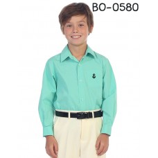 BO0580 เสื้อเชิ๊ตเด็กผู้ชาย คอปกแขนยาว ปักลายสมอเรือที่อกซ้าย สีเขียวมิ้นท์ 