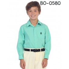 BO0580 เสื้อเชิ๊ตเด็กผู้ชาย คอปกแขนยาว ปักลายสมอเรือที่อกซ้าย สีเขียวมิ้นท์ S.100