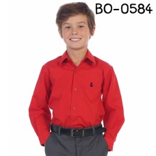 BO0584 เสื้อเชิ๊ตเด็กผู้ชาย คอปกแขนยาว ปักลายสมอเรือที่อกซ้าย สีแดง