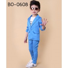 BO0608 ชุดสูทเด็กผู้ชายออกงาน เสื้อคลุมสูทแขนยาว และกางเกงขายาว สีฟ้าเข้ม (2ชิ้น) 
