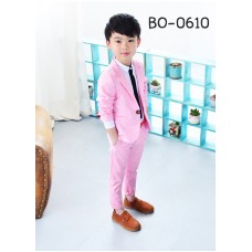 BO0610 ชุดสูทเด็กผู้ชายออกงาน เสื้อคลุมสูทแขนยาว และกางเกงขายาว สีชมพูนม (2ชิ้น) 