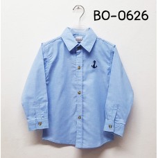 BO0626 เสื้อเชิ๊ตเด็กผู้ชาย คอปกแขนยาว ปักลายสมอเรือที่อกซ้าย สีฟ้า 